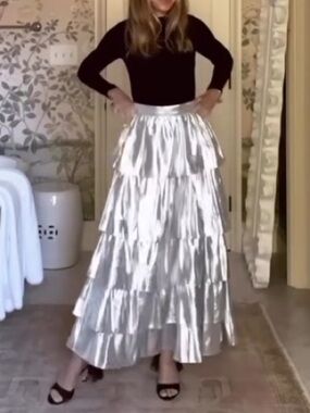 ANTONIO MELANI Born on Fifth Aurelia Silver Metallic Tiered Skirt NWT